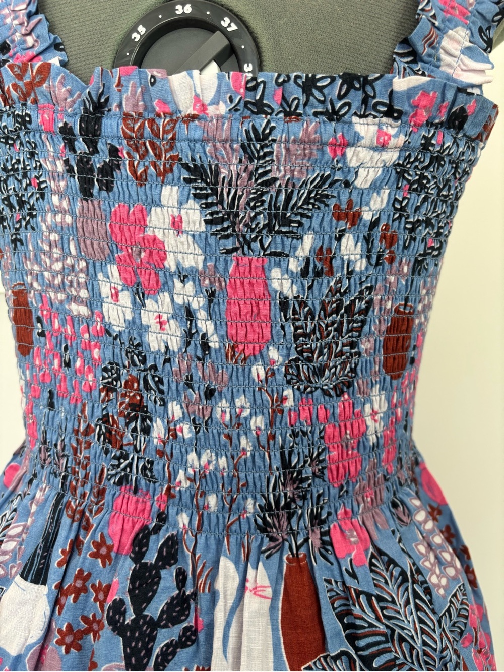 Kate Spade Garden Posy Cat Cactus Smocked Midi Dress Blue Size S - Picture 6 of 9